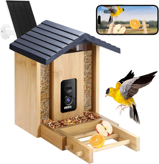 Bird Feeder, 5MP Solar-Powered Smart Bird Feeder with Camera, AI Identifies Birds 10000+, 2.4GHz, Color Night Vision, Instant Notification, Easy to Use, 1.5L Birds Feeders for Outdoor, Yard