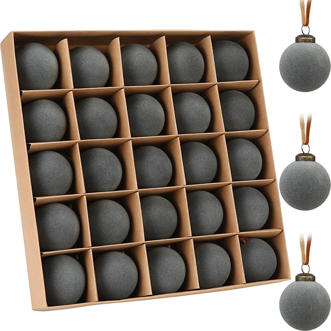 Sea Team 25-Pack Flocked Velvet Christmas Tree Ball Ornaments Set, Hanging Velour Baubles, Shatterproof Plastic Decorations for Xmas Tree, Wreath, Garland, 60mm/2.36 Inches, Gray