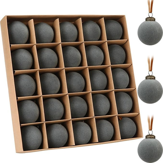 Sea Team 25-Pack Flocked Velvet Christmas Tree Ball Ornaments Set, Hanging Velour Baubles, Shatterproof Plastic Decorations for Xmas Tree, Wreath, Garland, 60mm/2.36 Inches, Gray
