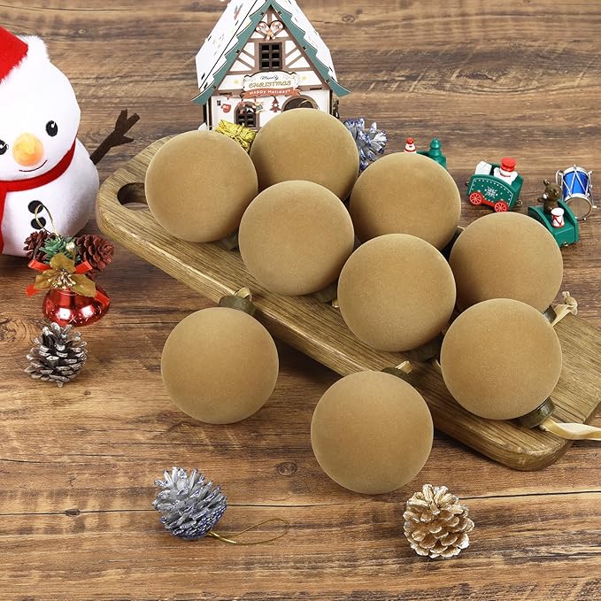 12 Pcs Velvet Christmas Balls Bulk Shatterproof Plastic Christmas Tree Decorations for Decorative Hanging Baubles (12, Khaki, 2.36Inch)