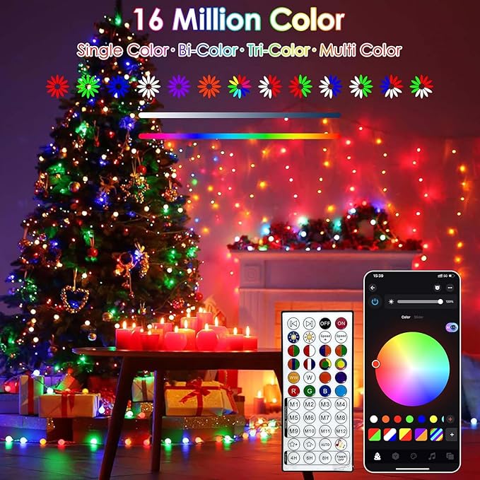 YIQU Smart Color Changing Christmas Lights, 66 FT 200 LED RGB String Lights with Remote App Control and Timer, Music Sync Multiple Modes Twinkle Mini Light Waterproof Indoor Outdoor