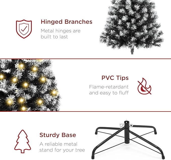 Best Choice Products Artificial Frosted Christmas Tree, 6ft Premium Pre-Lit Realistic Spruce Holiday Décor w/Dense Branches, Metal Base – Black Spruce