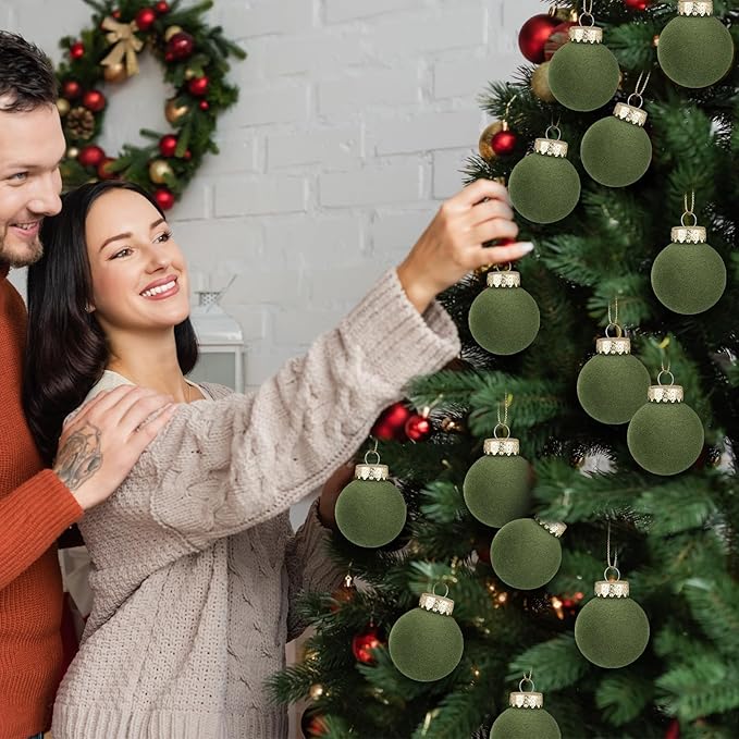 12 Pcs Velvet Christmas Balls Flocked Christmas Tree Hanging Ornaments Shatterproof Plastic Hanging Balls Decorations for Xmas Tree Party Home Holiday Decor (Green, 3.15 inch)