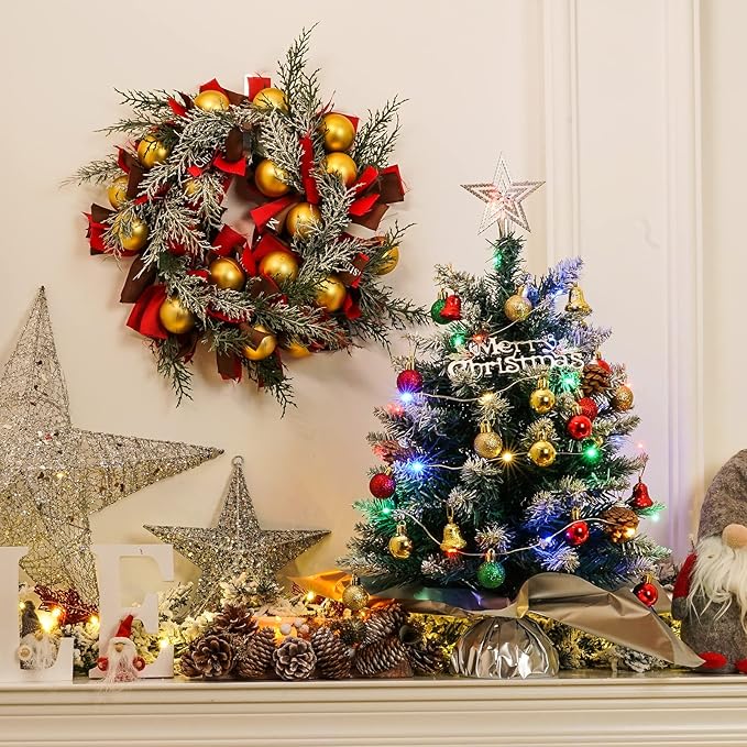 XmasExp 20in Mini Christmas Tree Artificial Small Christmas Tree with LED Light, Star Treetop,Ornaments Balls,Bells and Pine Cones DIY Tabletop Xmas Decorations
