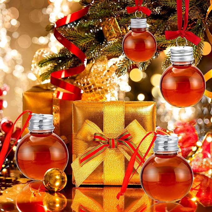 Patelai 12 Pcs Christmas Drink Balls Shot Glass Ornament Plastic Fillable Christmas Tree Ornaments Xmas Water Bottle Bulbs for Holiday Party Indoor Outdoor (Silver Lid)
