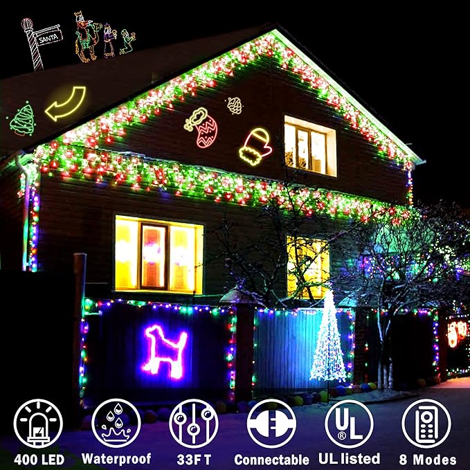 KNONEW Christmas Lights Outdoor Decorations 400 LED 33ft 8 Modes Curtain Fairy String Light with 75 Drops, Clear Wire LED String Light Indoor Decor for Wedding Party Christmas (Red and Green)