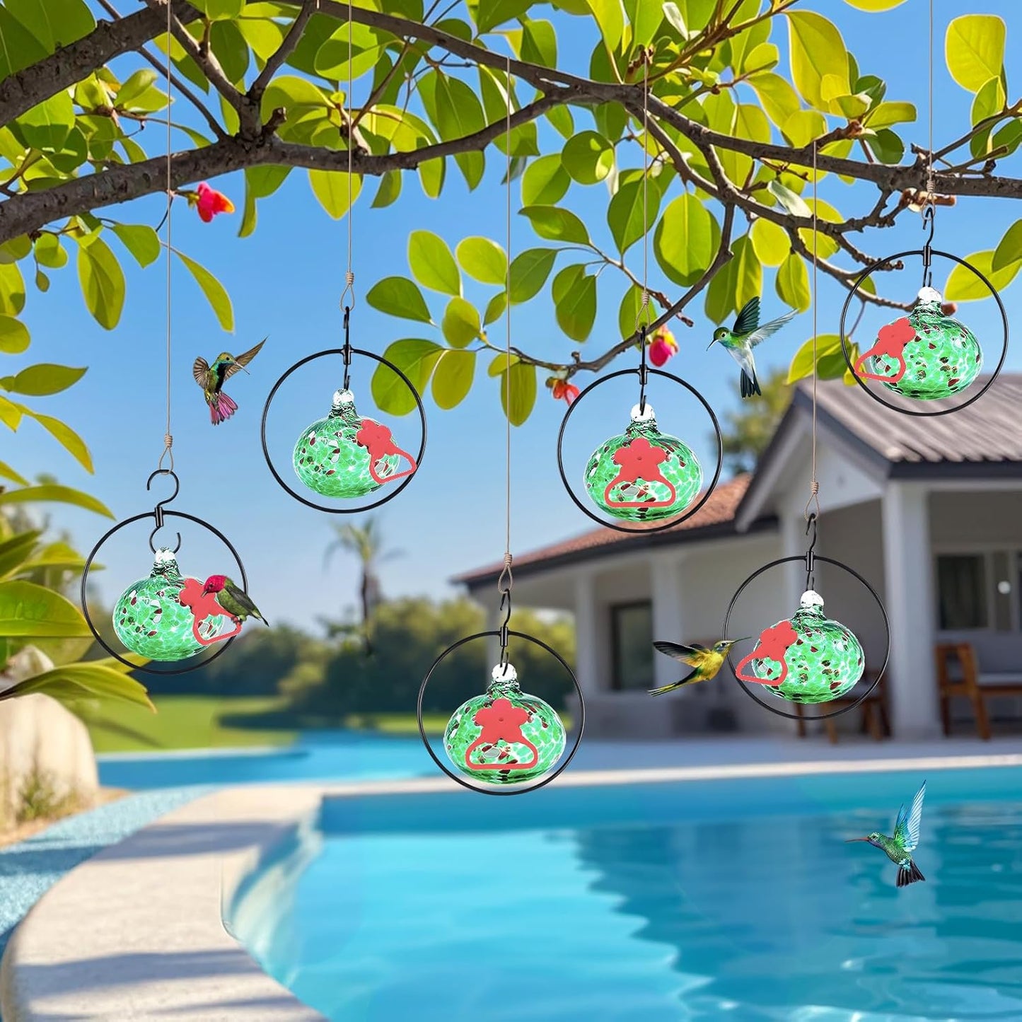 Flexible 6 Pack Hummingbird feeders for Outdoors Hanging Ant and Bee Proof,Detachable Hand Blown Glass Hummingbird Feeder with 6 Adjustable Silicone Perch(Green)