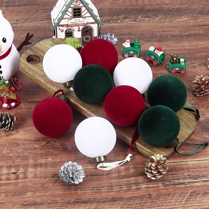 24 Pcs Velvet Christmas Balls Bulk Shatterproof Plastic Christmas Tree Decorations for Decorative Hanging Baubles (24, Wine red、Blackish Green、White, 2.36Inch)