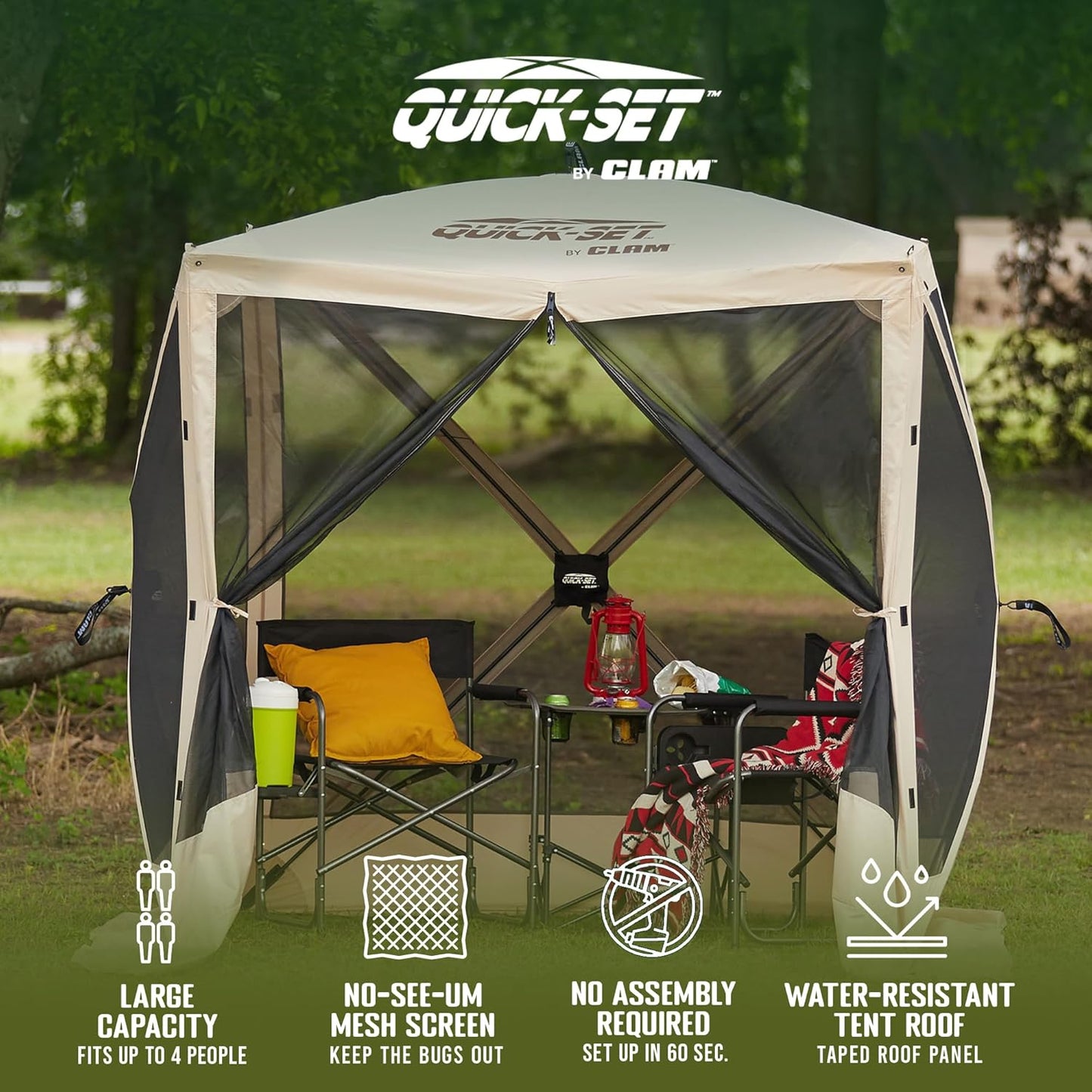 CLAM Traveler Pop-Up Screen Tent – 6x6 ft Portable Camping Gazebo Canopy, Tan – Instant Setup, Bug & Weather Protection, Lightweight Shelter for 4 People – Outdoor Events, Picnics, and Hiking