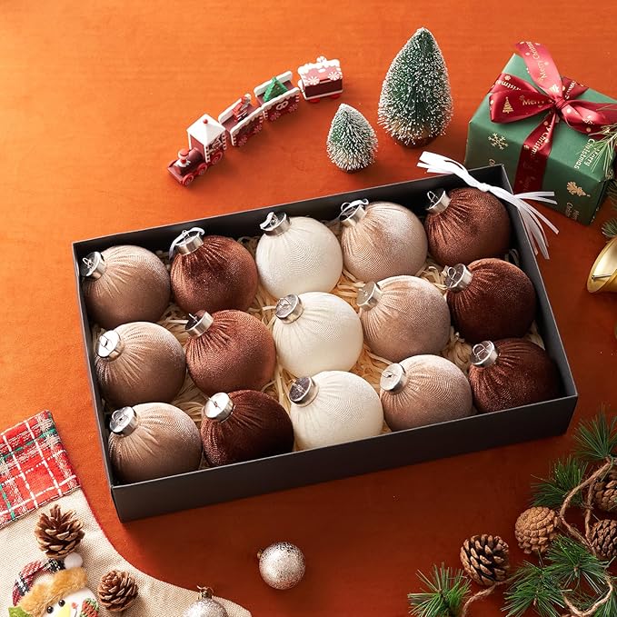 Christmas Ball Ornaments, 15 Pcs White & Coffee Ornaments with Velvet, Multicolor Xmas Decorations for Christmas Tree Holiday Decor