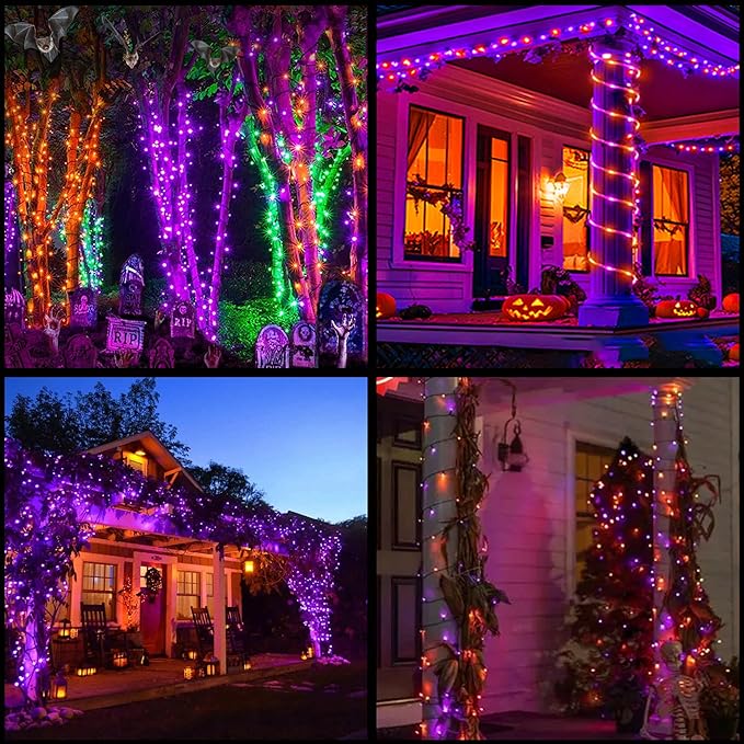 YULETIME 100 Count Orange Green Purple Christmas Lights, 33 Feet Black Wire UL Certified Incandescent-Like LED Mini String Lights