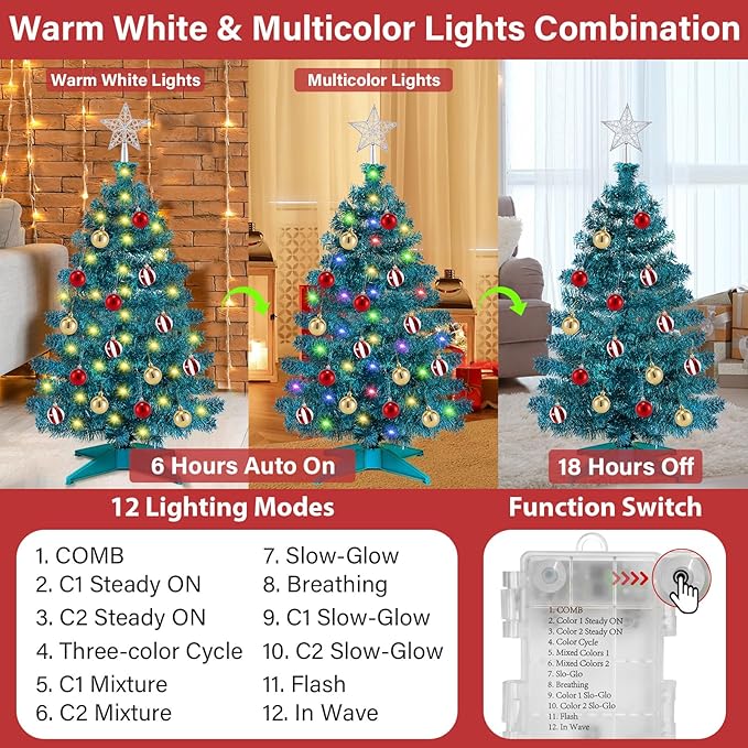 [ 12 Modes & Timer ] 3 Ft Blue Christmas Tree with 50 LED Lights, 15 Hanging Balls, 3D Star Topper Battery Operated Prelit Small Christmas Tree Indoor Home Table Holiday Xmas Christmas Decorations