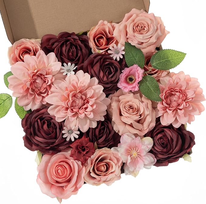 30 Pcs Artificial Flowers Combo Red Flowers Mix Silk Flowers Dahlia Roses with Stems for DIY Wedding Bridal Bouquets, Baby Shower, Floral Arrangement, Table Centerpieces, Home Decorations.