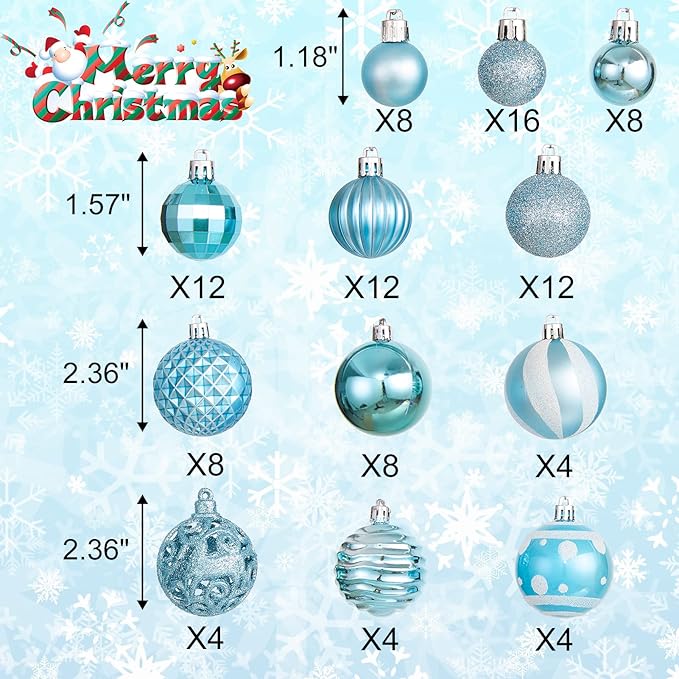 100PCS Christmas Ball Ornaments, Assorted Shatterproof Christmas Tree Decorations, Seasonal Decorative Hanging Baubles Decor Set for Xmas/Holiday/Party, Glitter&Painting Ornament Set (Light Blue)