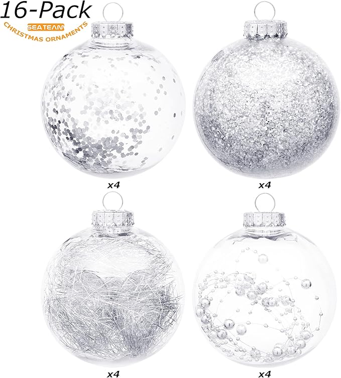 Sea Team Shatterproof Clear Plastic Christmas Ball Ornaments Decorative Xmas Balls Baubles Set with Stuffed Delicate Decorations (100mm/3.94 inch 16-Pack, Silver)