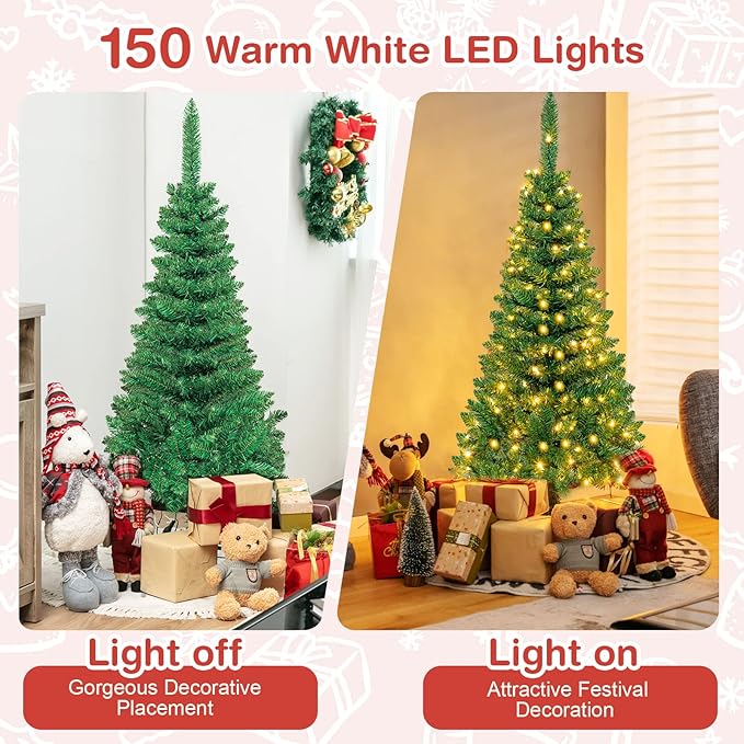 Goplus 4.5ft Prelit Pencil Christmas Tree, Premium Hinged Fir Tree, with Warm White LED Lights and Solid Metal Stand, Easy Assemble, Ideal Artificial Xmas Tree for Home and Office