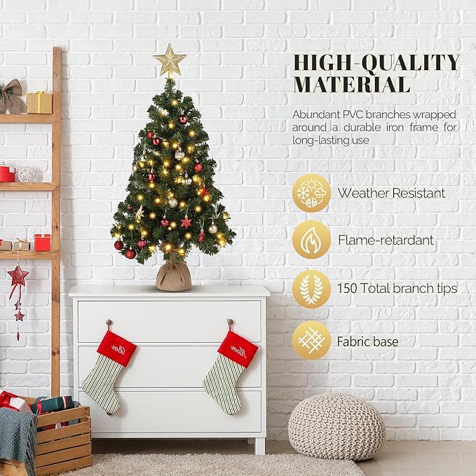 VINGLI 3ft Pre-lit Artificial Christmas Tree, Mini Tabletop Xmas Tree with 150 Branches Tips for Christmas Party Home Indoor Decoration (Battery Operated)