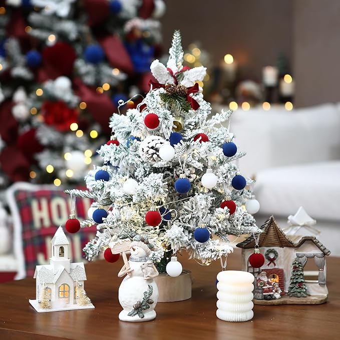 Sea Team 64-Pack Miniature Flocked Velvet Christmas Tree Ball Ornaments Set, Hanging Velour Baubles, Shatterproof Plastic Decorations for Xmas Tree, Wreath, Garland, 30mm/1.18 Inches, US Flag