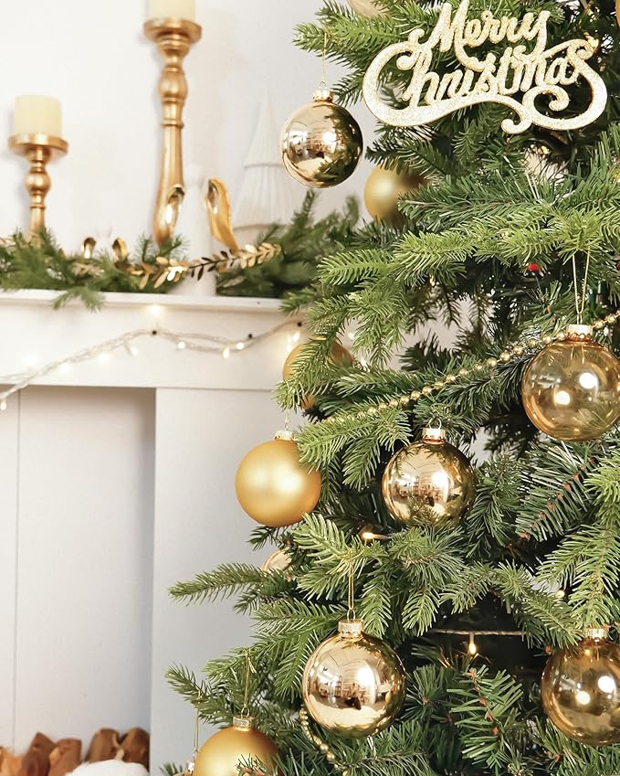 DN DECONATION Gold Glass Christmas Ornaments, Set of 9, 3.15' Hanging Christmas Baubles for Xmas Tree Decoration, Wedding Party Gift