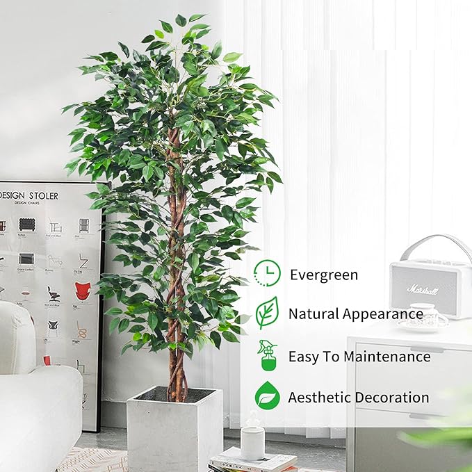 Artificial Ficus Tree 5FT Faux Silk Plants with Sturdy Plastic Nursery Pot,Fake Ficus Trees for Home Office Farmhouse Indoor Outdoor Decor Perfect Housewarming Gift (5FT-2Packs)