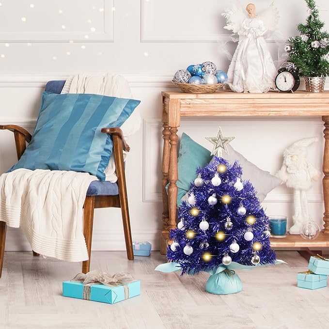 XmasExp Mini Christmas Tree with Lights Blue Small Christmas Tree Artificial Tabletop Xmas Decor Holiday Decoration for Home, Office, Party