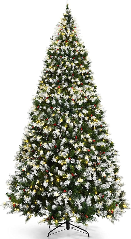 Happygrill 9ft Pre-lit Snowy Christmas Tree Pre-Strung Xmas Decoration Tree with 900 Warm White LED Lights & 2058 PVC Tips, 8 Lighting Modes, Hinged Artificial Tree for Residential Commercial Use