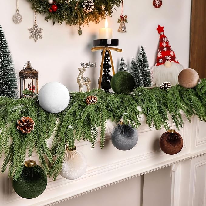 24 Pack Velvet Christmas Tree Ornaments Set, 12 Pcs 3.15 Inch Large Neutral Velvet Christmas Ornaments Hanging Flocked Balls and 12 Pcs Vintage Bows for Xmas Garland Wreath Party Home Decor