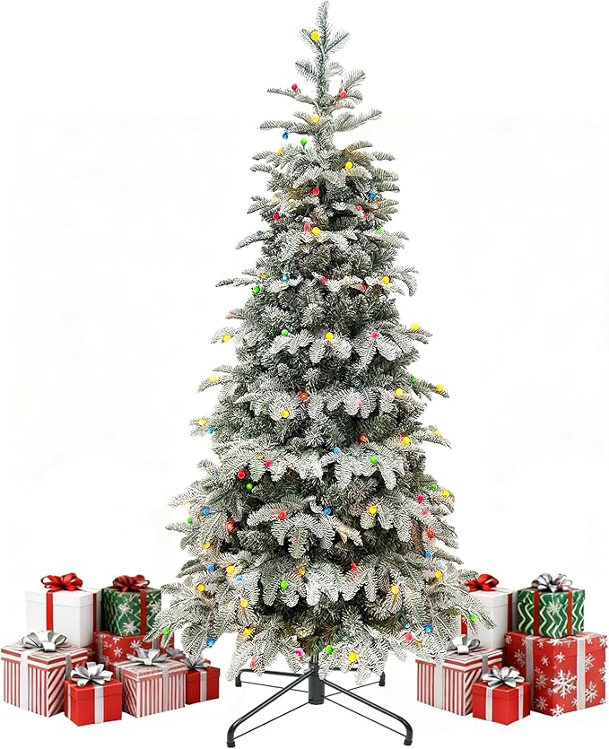Prelit Christmas Tree 6ft, Artificial Snow Flocked Christmas Tree with 210 Lights, PE & PVC Mixed Layered Tree with Metal Stand, Xmas Tree for Holiday Home Decor