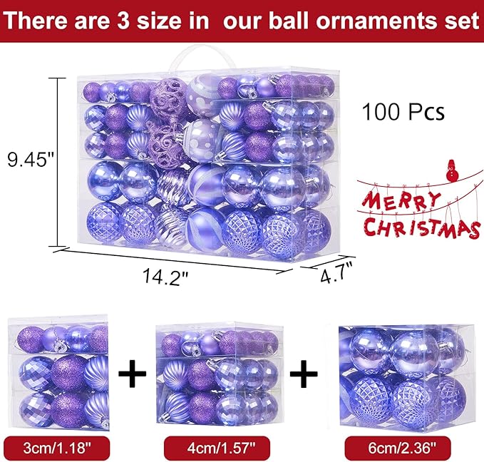 100PCS Christmas Ball Ornaments, Assorted Shatterproof Christmas Tree Decorations, Seasonal Decorative Hanging Baubles Decor Set for Xmas/Holiday/Party, Glitter&Painting Ornament Set (Lavender Purple)