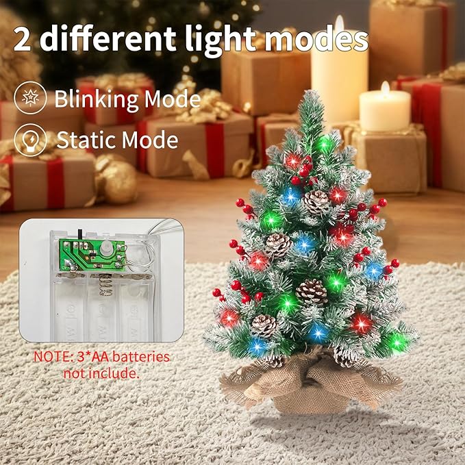 Pre-lit Mini Christmas Tree 20 Inch Small Tabletop Xmas Tree with 30 LED String Lights Locking Snow Frost Tips Berries Wood Base Ornaments Tabletop Artificial Pine Tree for Christmas Decoration