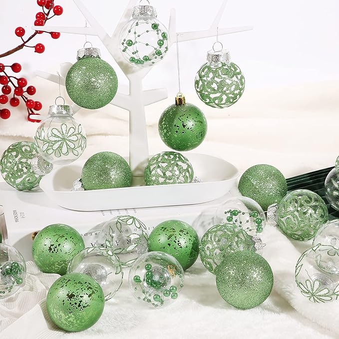 Clear Christmas Ornaments Set, 30ct 2.36inch Green Christmas Ornaments Balls for Christmas Tree Decoration Shatterproof Hanging Baubles with Stuffed Decoration for Halloween Thanksgiving Wedding Party