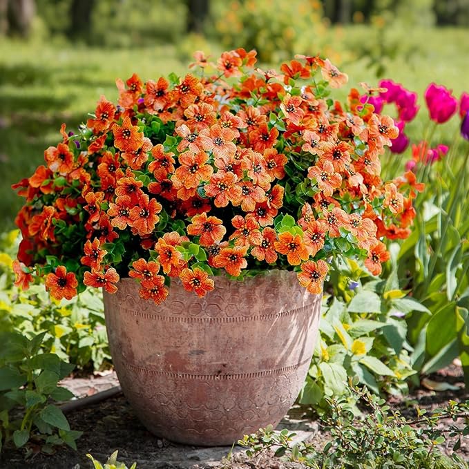 Artificial Fake Plants Flowers for Outdoor Fall Autumn Decoration，16 Bundles Fake Plants UV Resistant No Fade Faux Plastic Greenery Boxwood Porch Patio Fall Mums Home Decor