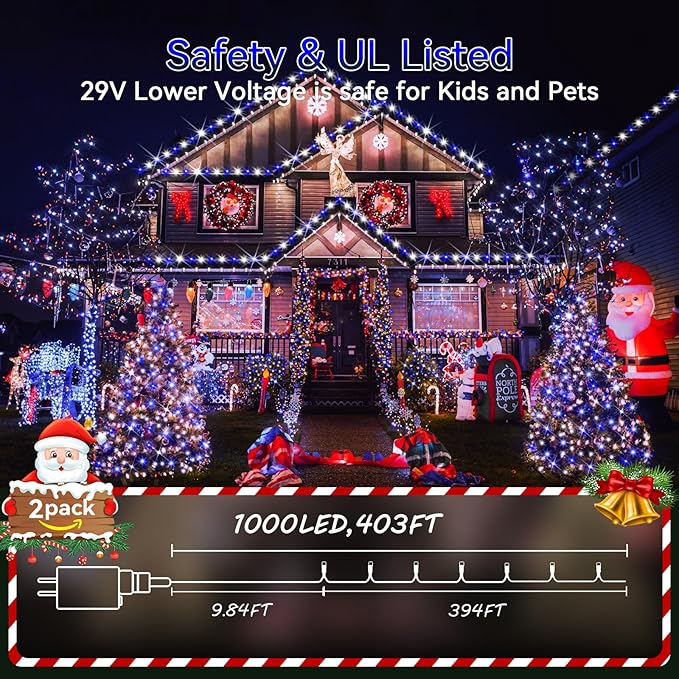 Hezbjiti 2 Pack 1000 LED 403 FT Christmas String Lights Outdoor, 8 Lighting Modes IP44 Waterproof Fairy Lights with Timer and Dimmable Function for Party Tree Decorations (Blue+White, Clear Wire)