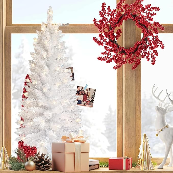 4ft Artificial Full White Christmas Tree with Separate Lights, Not Pre-lit Mini White Tinsel Pine Christmas Tree, 50 Lights, Small Xmas Tree for Home, Office, Party Decoration, Indoor