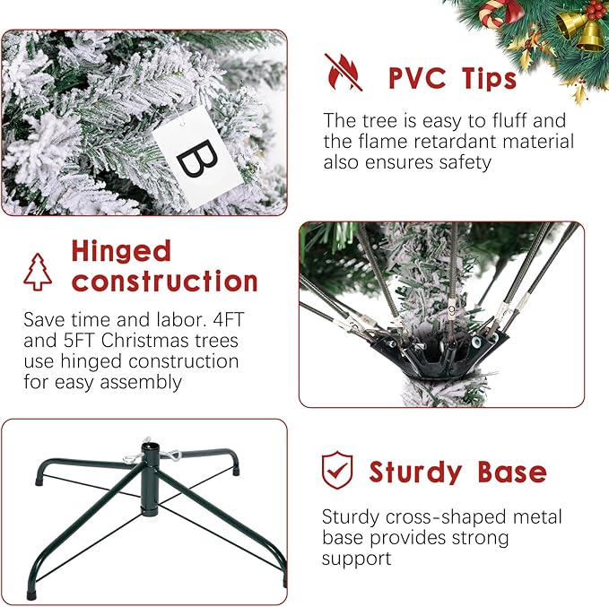 5FT Snow Flocked Christmas Tree, Small Artificial Holiday Xmas Tree with 600 Branch Tips, Foldable Stand for Holiday Party Decoration