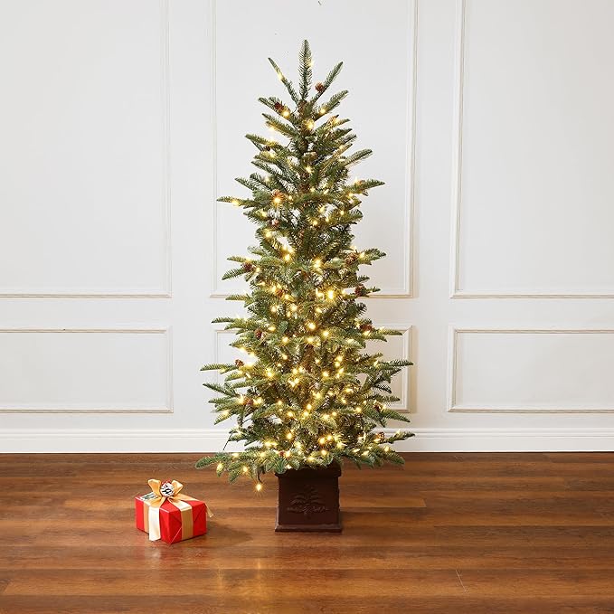 LuxenHome 5FT Potted Christmas Trees, Small Christmas Tree with 300 Warm White LED Lights, Slim Christmas Tree Pre-lit with Pine Cone and Brown Square Base, Artificial Trees for Holiday Decorations