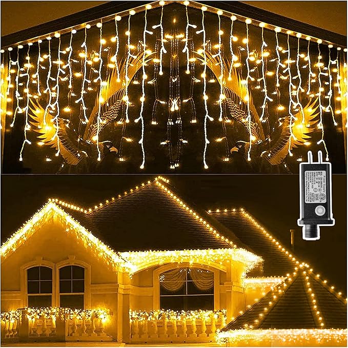 KNONEW 99ft 960 LED Christmas Lights Outdoor Decorations with 180 Drops, 8 Modes Curtain Fairy Light, Clear Wire LED String Light Indoor Decor for Wedding Party Christmas(Warm White)