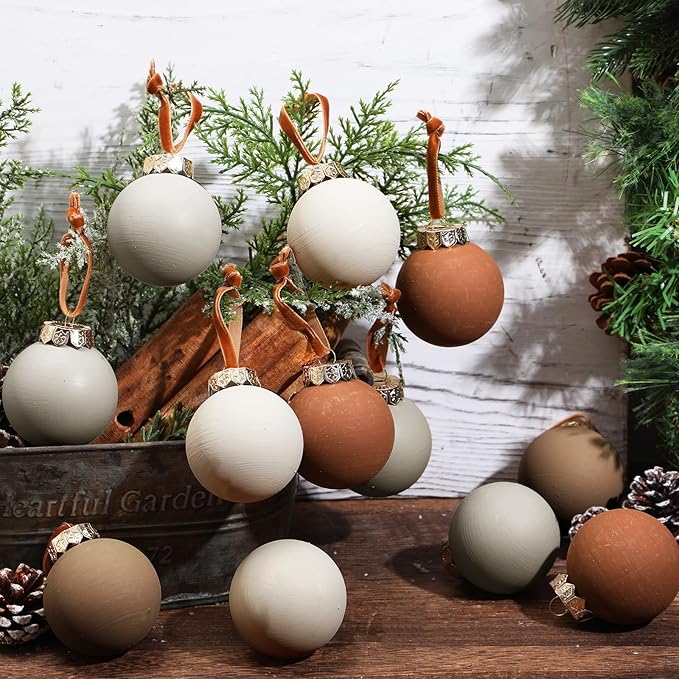 24 Pcs Neutral Matte Christmas Ball Ornaments 2.4 Inch Rustic Boho Terracotta Tan Gray Ivory Xmas Bulbs Ornament Vintage Xmas Baubles Modern Christmas Decor for Tree Farmhouse Holiday Decor