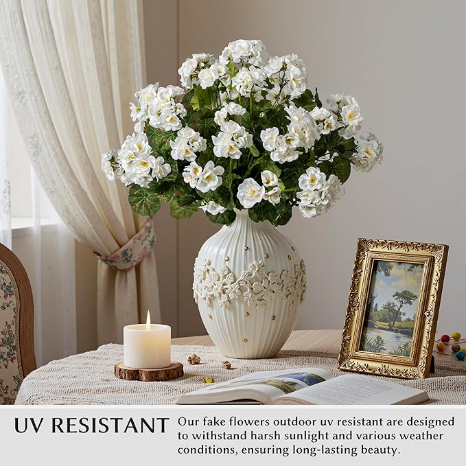 Artificial Geranium Flowers for Outdoors Geraniums Artificial Flowers Realistic Faux Geraniums for Outdoor Planters Silk Geranium Outdoor Fake Flowers Porch Home Kitchen Garden Decor(4PCS，White)