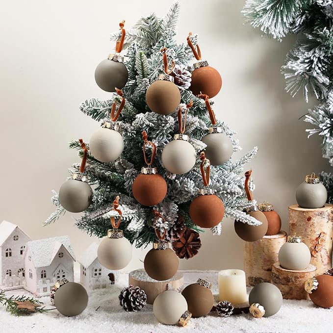 24 Pcs Neutral Matte Christmas Ball Ornaments 2.4 Inch Rustic Boho Terracotta Tan Gray Ivory Xmas Bulbs Ornament Vintage Xmas Baubles Modern Christmas Decor for Tree Farmhouse Holiday Decor