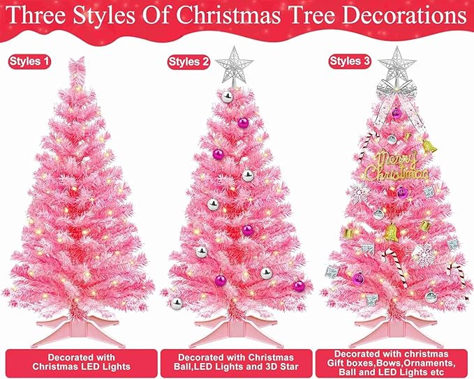 Valentines Day Decorations-3 FT Artificial Valentines Christmas Tree,Tabletop Small Christmas Tree with 50 Warm White & Multicolor Changing Lights Timer 8 Modes DIY Ball Ornaments Holiday Decoration