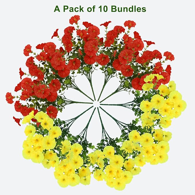 10 Bundles Artificial Flowers for Outdoor,UV Resistant Fake Petunia Flowers,Faux Plants for Outside Hanging Planters,Artificial Plants for Indoor Porch Garden Home Wedding Decor(Yellow,Red)