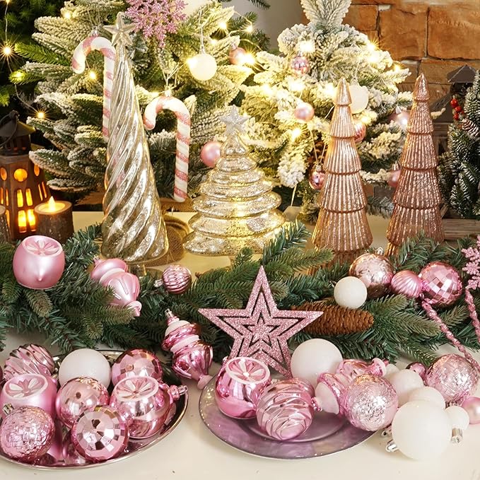 XmasExp 99-Pack Christmas Ball Ornaments Assorted Shatterproof Christmas Tree Decorations with Hand-held Gift Package for Xmas Tree,Home,Party(Baby Pink)