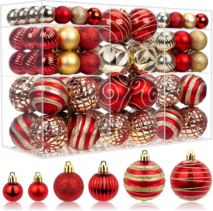 100 Pack Red and Gold Christmas Ball Ornaments Set, Hand-Painted Shatterproof Hanging Decorations, Assorted Baubles Bulk for Xmas Tree Wreath, Winter Holiday Home Party Decor