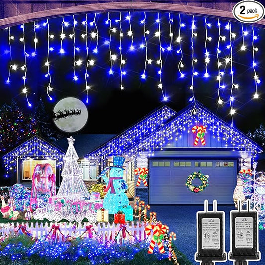 Christmas Lights Outdoor, 2 Pack Total 98FT 960 LED Ice Lights for Outside with 180 Drops 8 Modes Timer Memory, Plug in Waterproof for Holiday Eaves Yard Roof Party Decor (Blue and Cool White)