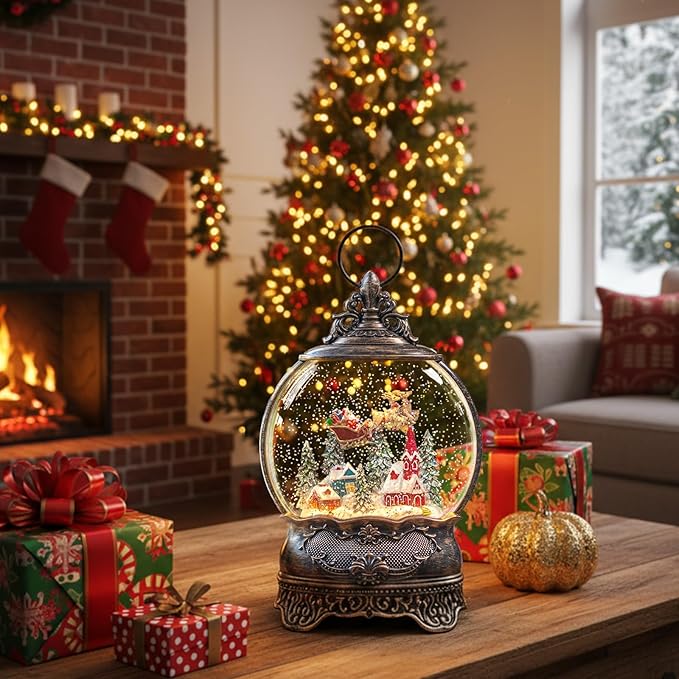 Christmas Snow Globe Lantern with Santa Claus is Coming in his Sleigh!Lighted Swirling Glittering Snow Globes with Music & Timer, Christmas Decorations for Home Tabletop Indoor Gifts