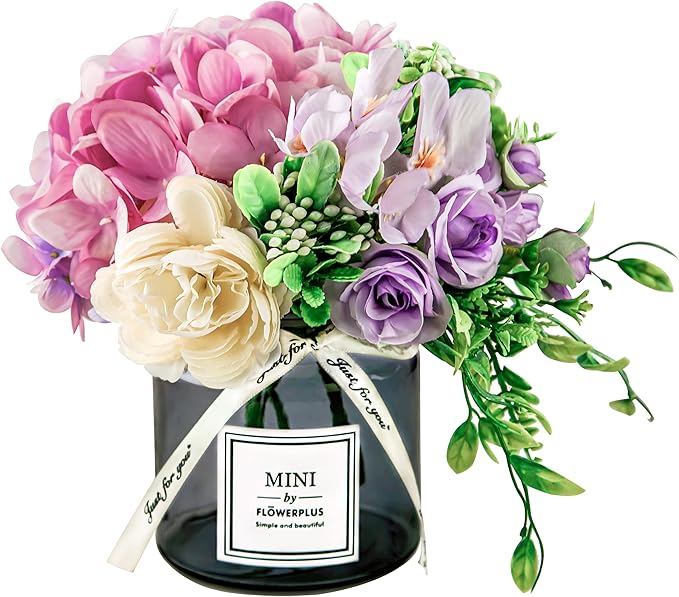 Artificial Rose Flower Bouquet Set, Hydrangea Hand Bouquet and vase, Ins Style Artificial Flower Set（Purple）