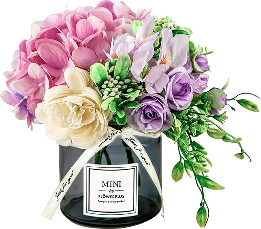 Artificial Rose Flower Bouquet Set, Hydrangea Hand Bouquet and vase, Ins Style Artificial Flower Set（Purple）