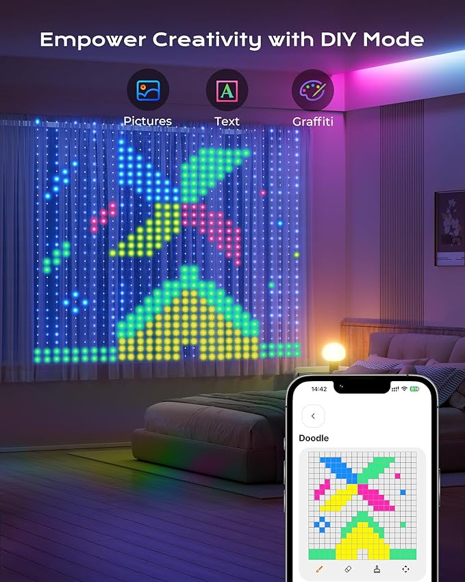 400 RGBIC LEDs Smart Curtain Lights with DIY GIF, 6.6x6.6ft Color Changing Holiday Wall Lights with APP, IP65 Waterproof Christmas String Fairy Lights for Indoor Outdoor Bedroom Window