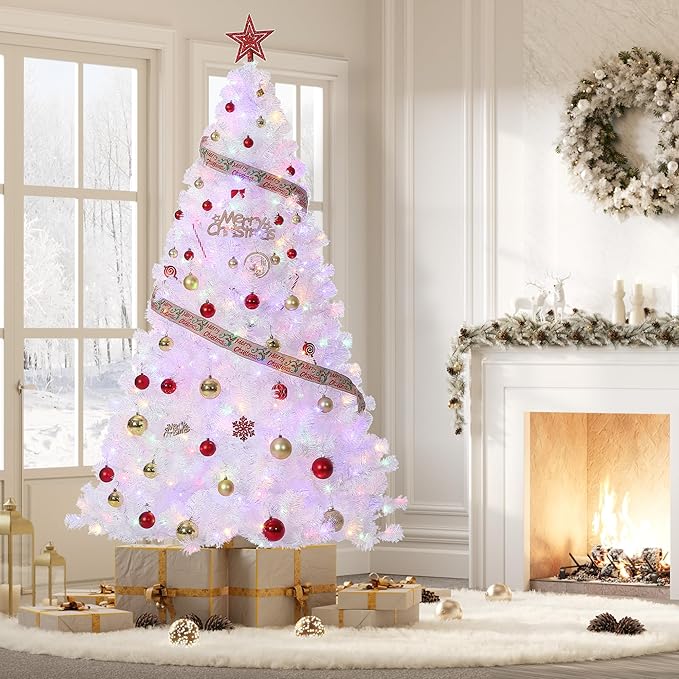 GAOMON 7.5Ft Prelit Christmas Tree, White Tinsel Christmas Tree with 450 Warm White Led Lights & Sturdy Stand, Sparkle Xmas Decorations for Homes Offices, Parties, White